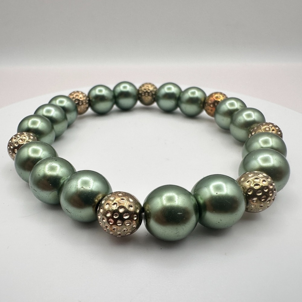 Vintage 90s Sage Green Faux Pearl Gold Tone Textured Beads Stretch Bracelet Boho